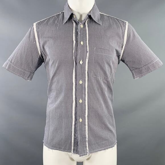 M Black White Checkered Cotton Raw Edge Trim Short Sleeve Shirt - Picture 1 of 6